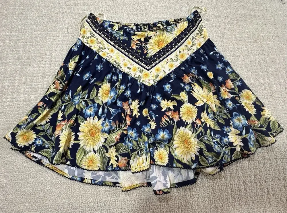 NWT Agua Bendita Floral A-Line Smocked Flounce Mini Skirt Floral Boho Size Large